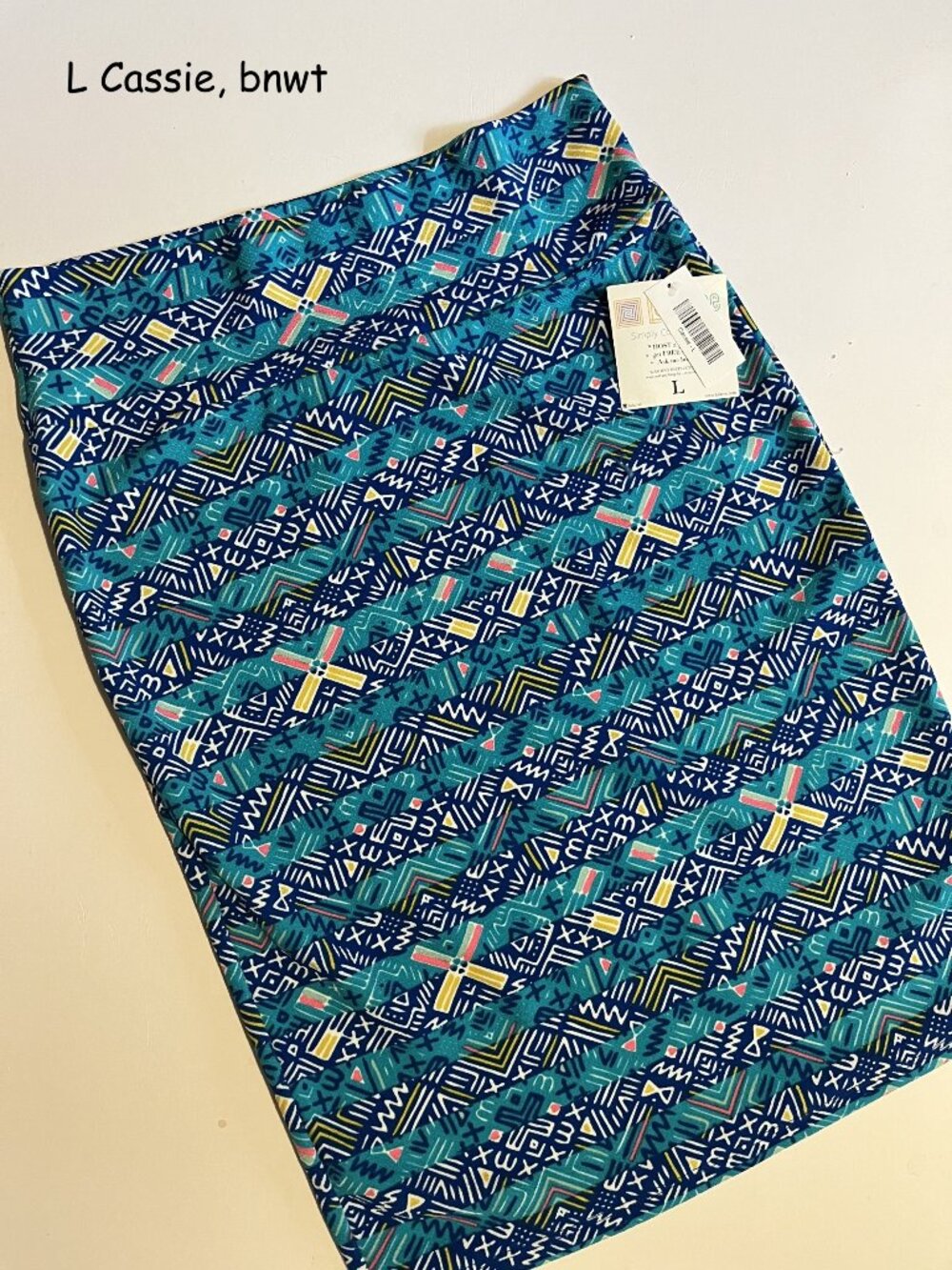 Large Lularoe Cassie pencil skirt, blue with shapes on stripes